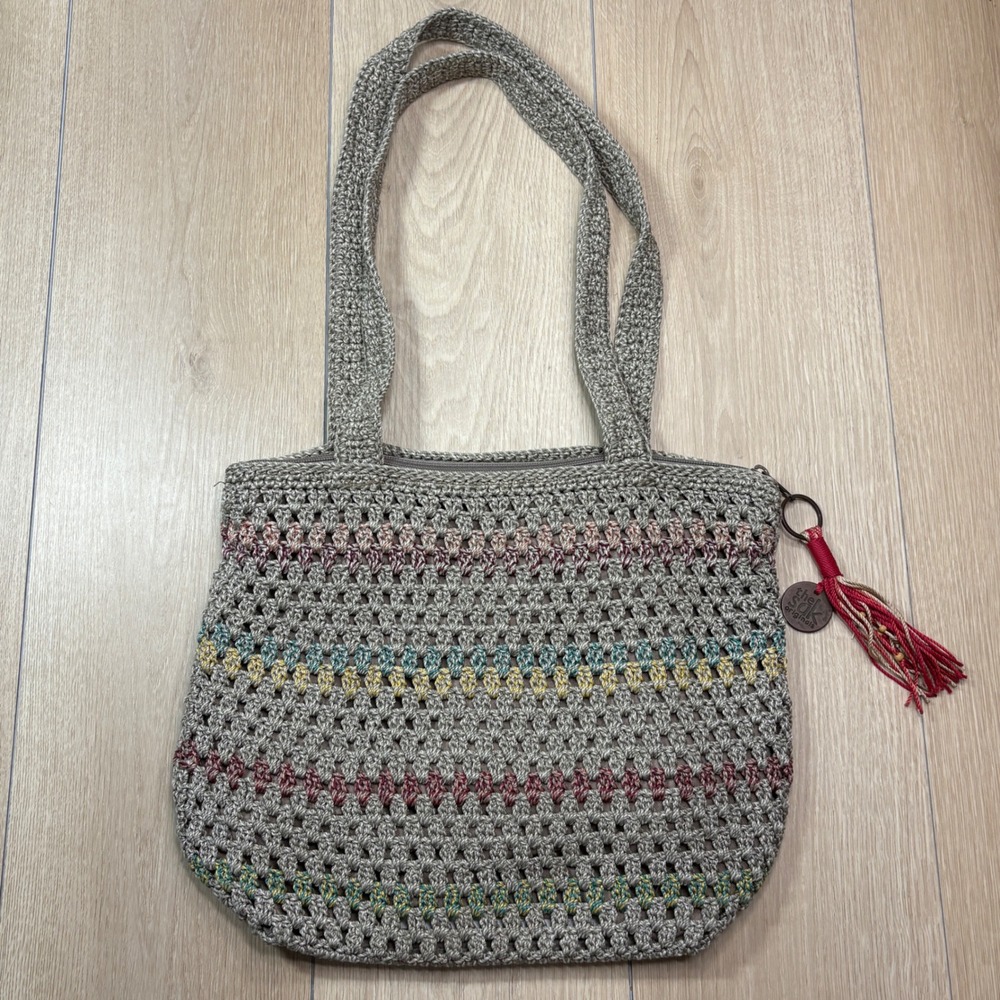 The Sak Amberly Crochet Tote Bag Taupe Grey Multi Stripe Boho Shoulder Bag 0518